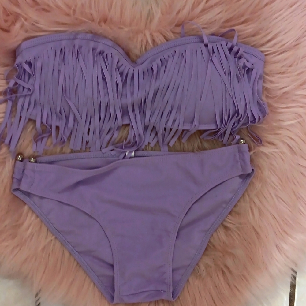 Brand New LADIES 2-PIECE FRINGE STRAPLESS BIKINI SWIMSUIT-S
